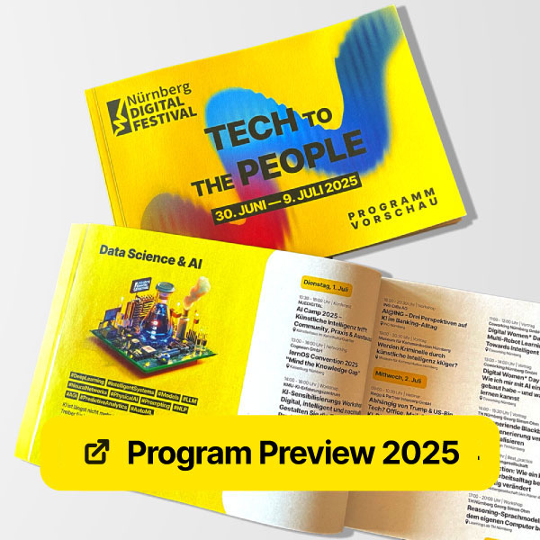 Lettering "Programm Preview 2025". Program brochure of the Nürnberg Digital Festival 2025 in the background in cooperation with CURT.