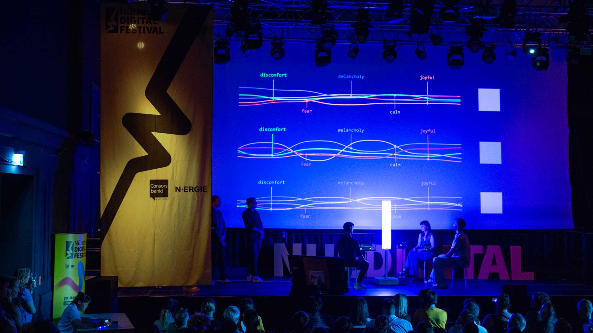 Bühne mit LED-Licht und mehreren Personen vor großem Bildschirm, der bunte Linien zwischen Begriffen wie „discomfort“, „fear“, „melancholy“, „calm“ und „joyful“ zeigt; links großes gelbes Banner mit schwarzem Zickzack und Logos von Consorsbank und N–Ergie.